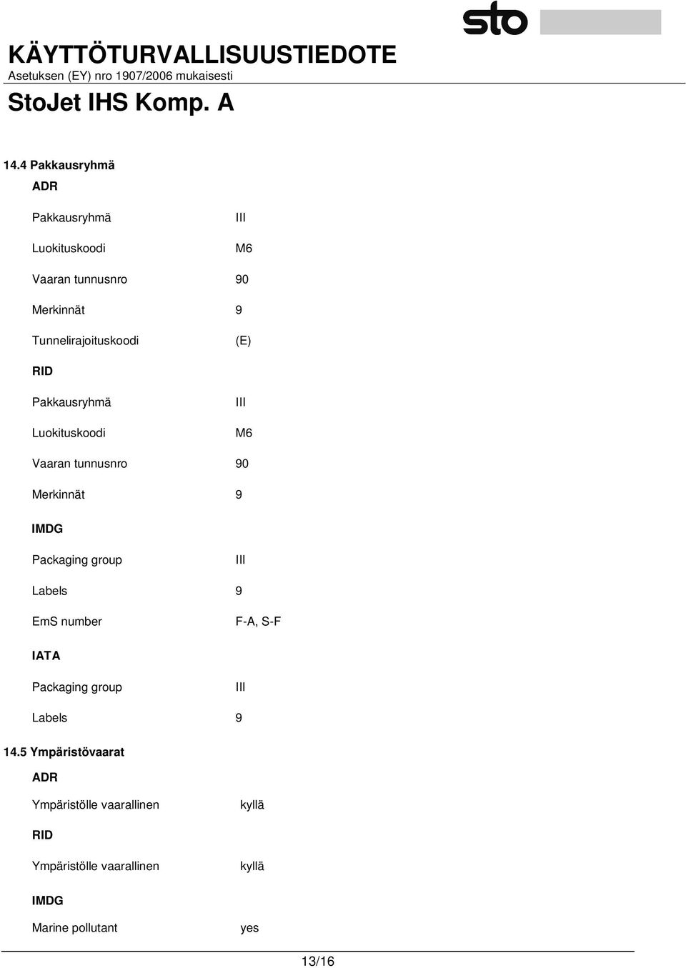 IMDG Packaging group III Labels 9 EmS number F-A, S-F IATA Packaging group III Labels 9 14.