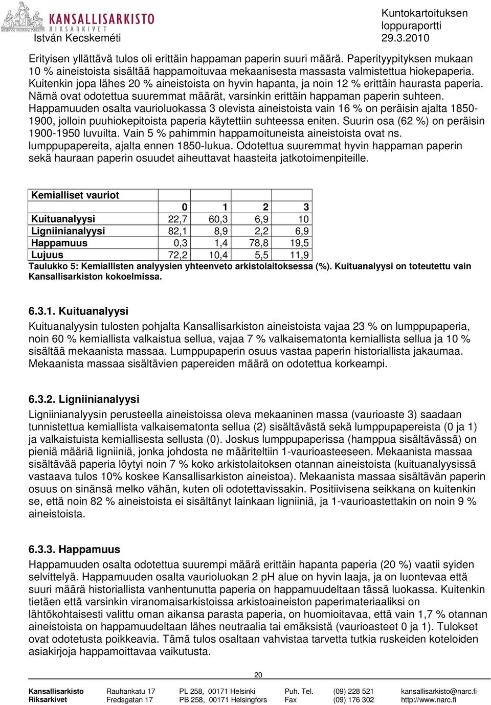 Happamuuden osalta vaurioluokassa 3 olevista aineistoista vain 16 % on peräisin ajalta 1850-1900, jolloin puuhiokepitoista paperia käytettiin suhteessa eniten.