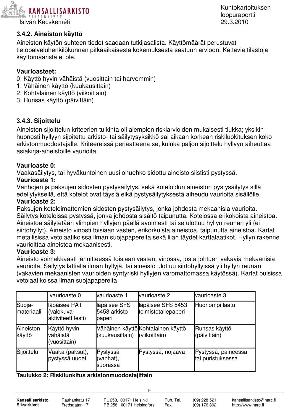 Vaurioasteet: 0: Käyttö hyvin vähäistä (vuosittain tai harvemmin) 1: Vähäinen käyttö (kuukausittain) 2: Kohtalainen käyttö (viikoittain) 3: