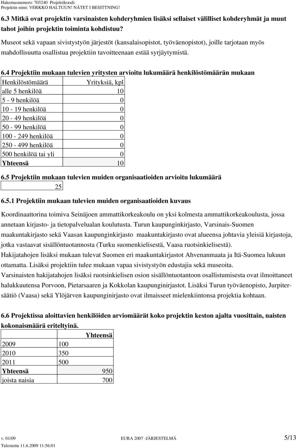 4 Projektiin mukaan tulevien yritysten arvioitu lukumäärä henkilöstömäärän mukaan Henkilöstömäärä Yrityksiä, kpl alle 5 henkilöä 10 5-9 henkilöä 0 10-19 henkilöä 0 20-49 henkilöä 0 50-99 henkilöä 0