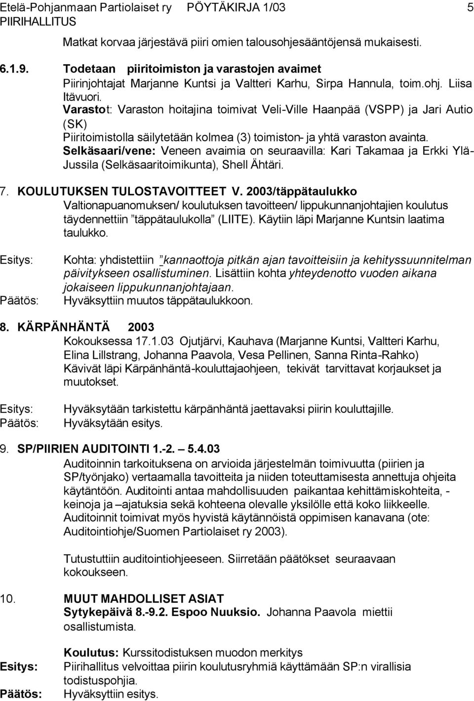 Selkäsaari/vene: Veneen avaimia on seuraavilla: Kari Takamaa ja Erkki Ylä- Jussila (Selkäsaaritoimikunta), Shell Ähtäri. 7. KOULUTUKSEN TULOSTAVOITTEET V.