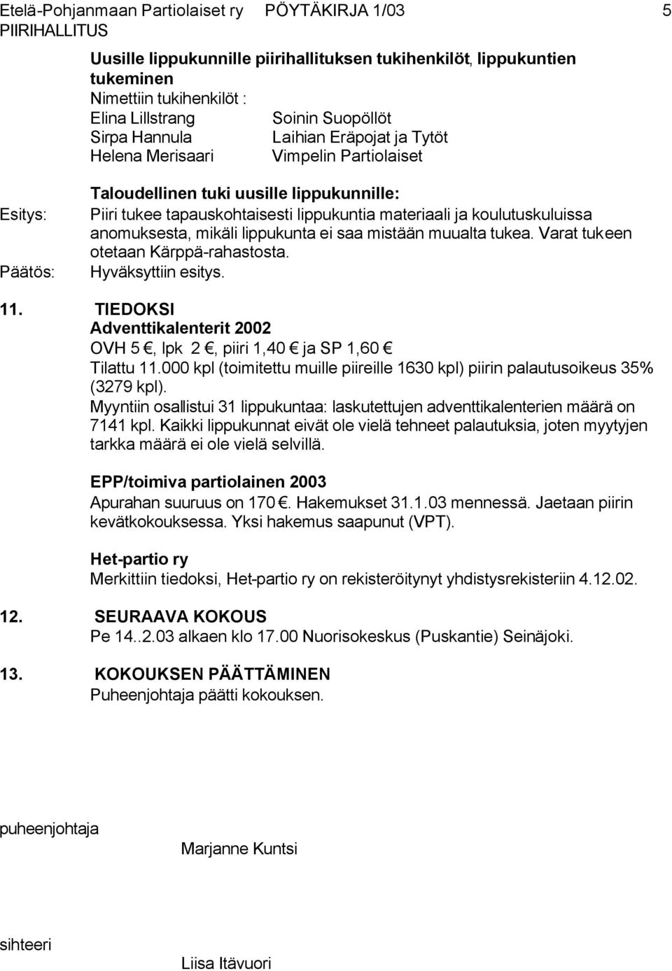 Varat tukeen otetaan Kärppä-rahastosta. 11. TIEDOKSI Adventtikalenterit 2002 OVH 5, lpk 2, piiri 1,40 ja SP 1,60 Tilattu 11.