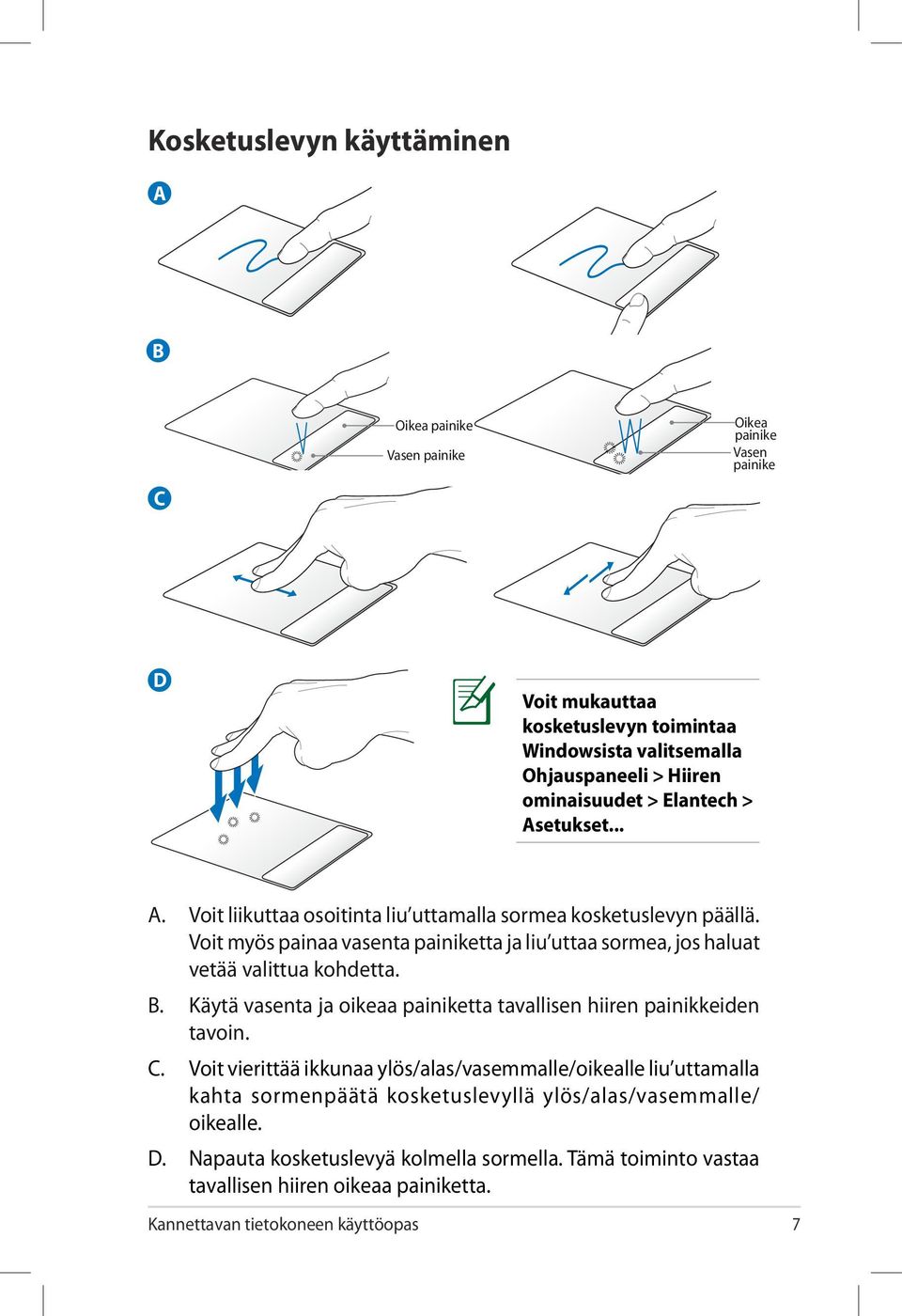 Voit myös painaa vasenta painiketta ja liu uttaa sormea, jos haluat vetää valittua kohdetta. B. Käytä vasenta ja oikeaa painiketta tavallisen hiiren painikkeiden tavoin. C.