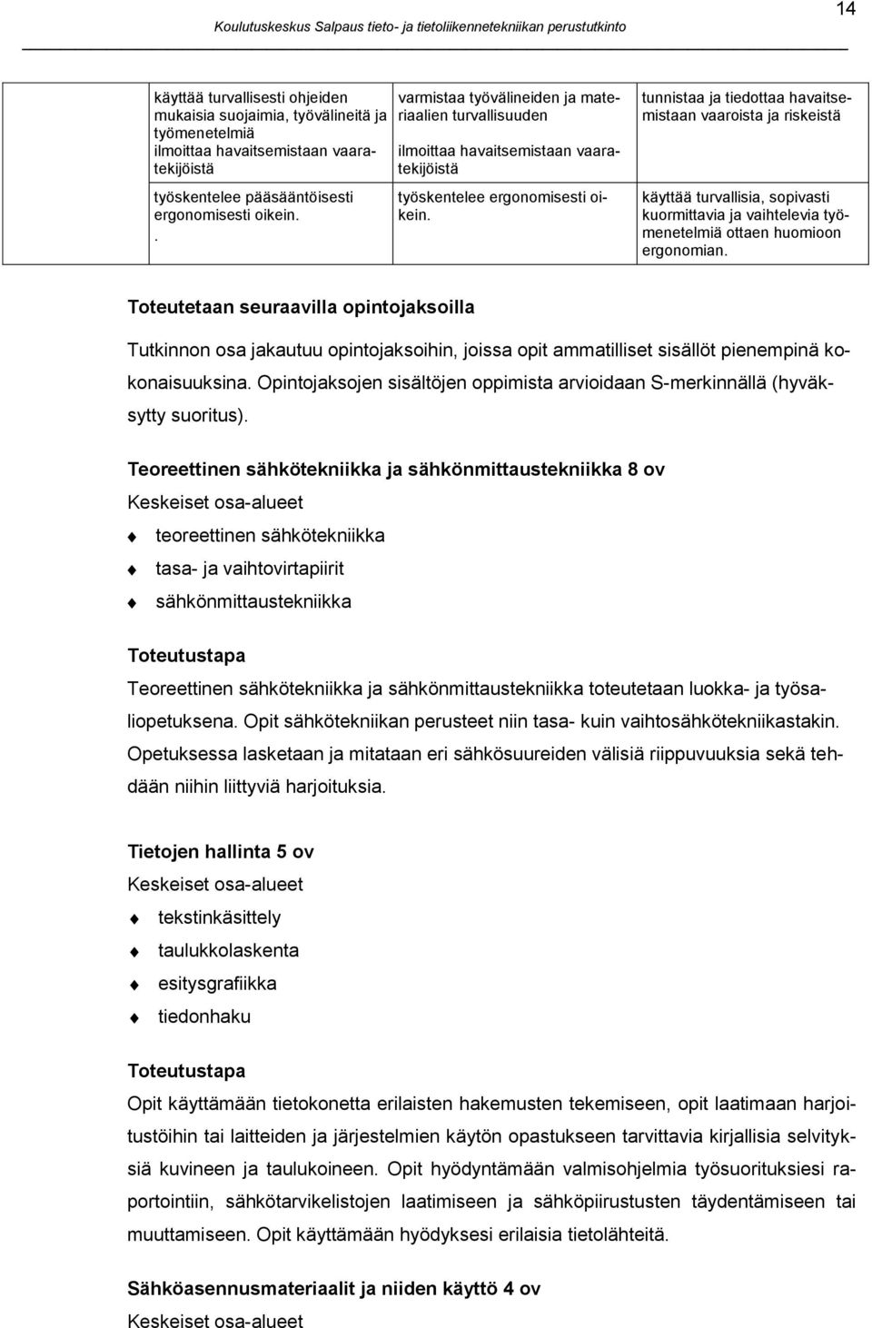 tunnistaa ja tiedottaa havaitsemistaan vaaroista ja riskeistä käyttää turvallisia, sopivasti kuormittavia ja vaihtelevia työmenetelmiä ottaen huomioon ergonomian.