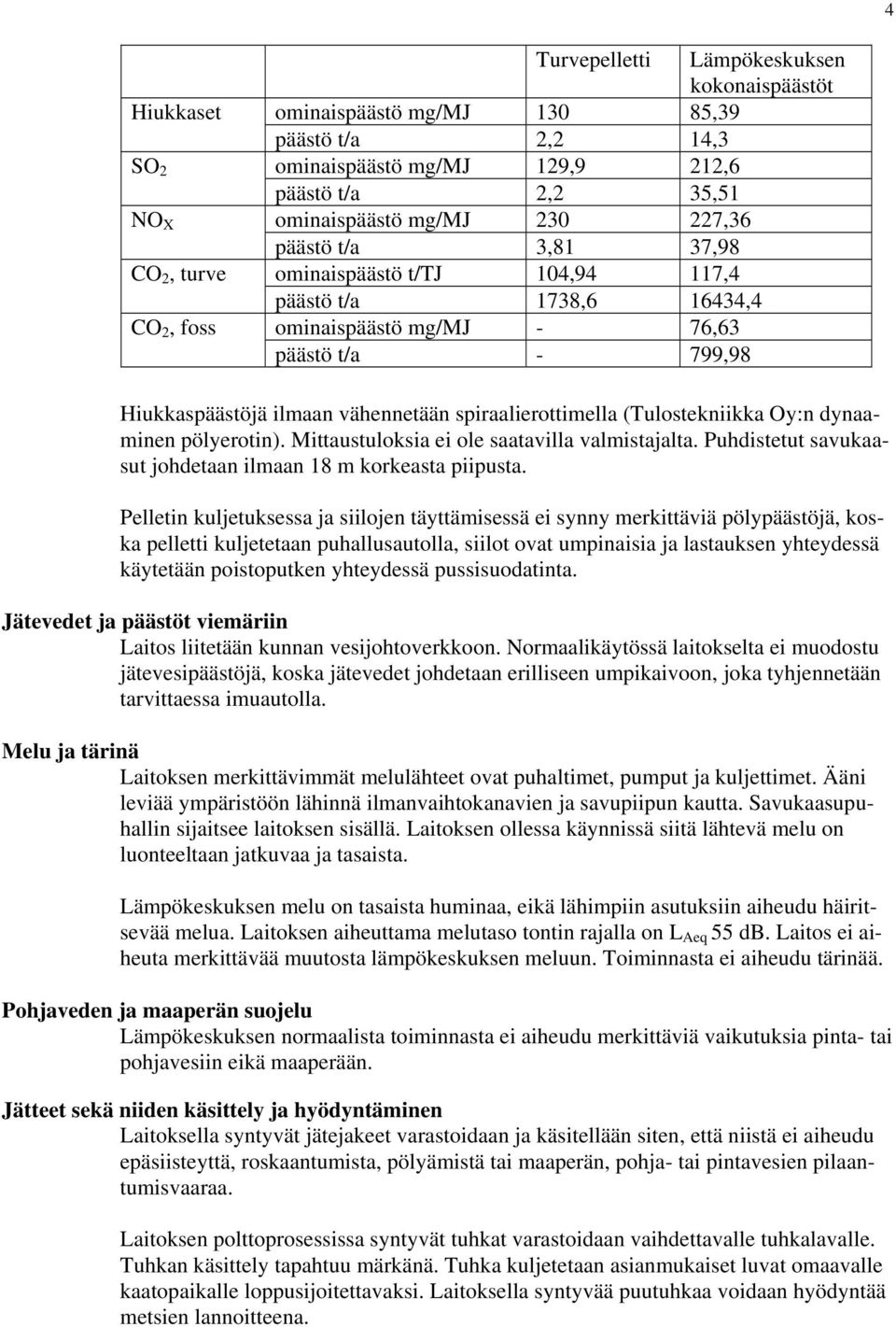 spiraalierottimella (Tulostekniikka Oy:n dynaaminen pölyerotin). Mittaustuloksia ei ole saatavilla valmistajalta. Puhdistetut savukaasut johdetaan ilmaan 18 m korkeasta piipusta.