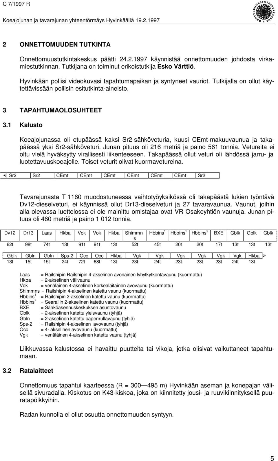 3 TAPAHTUMAOLOSUHTEET 3.1 Kalusto Koeajojunassa oli etupäässä kaksi Sr2-sähköveturia, kuusi CEmt-makuuvaunua ja takapäässä yksi Sr2-sähköveturi. Junan pituus oli 216 metriä ja paino 561 tonnia.