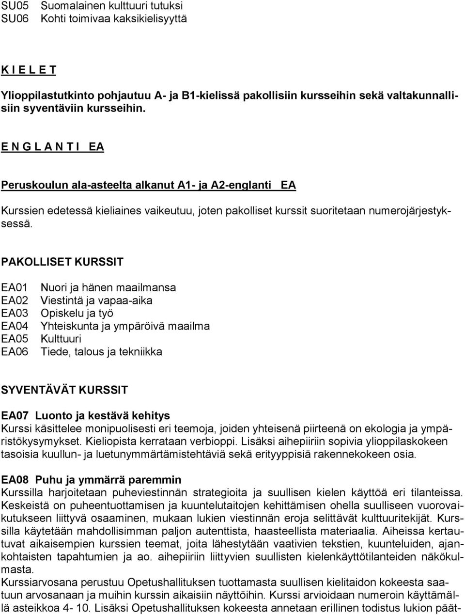 PAKOLLISET KURSSIT EA01 EA02 EA03 EA04 EA05 EA06 Nuori ja hänen maailmansa Viestintä ja vapaa-aika Opiskelu ja työ Yhteiskunta ja ympäröivä maailma Kulttuuri Tiede, talous ja tekniikka SYVENTÄVÄT