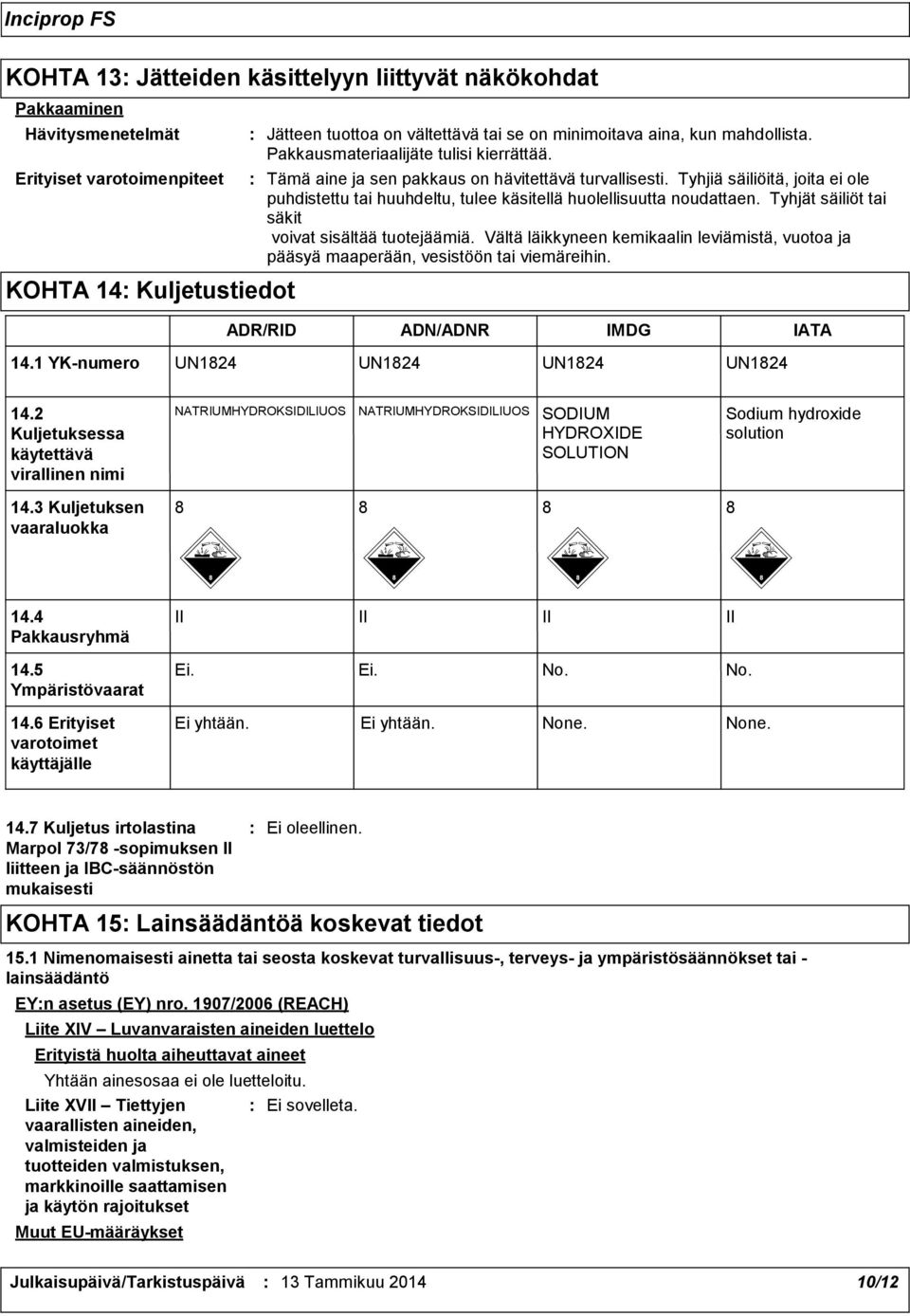 Tyhjiä säiliöitä, joita ei ole puhdistettu tai huuhdeltu, tulee käsitellä huolellisuutta noudattaen. Tyhjät säiliöt tai säkit voivat sisältää tuotejäämiä.