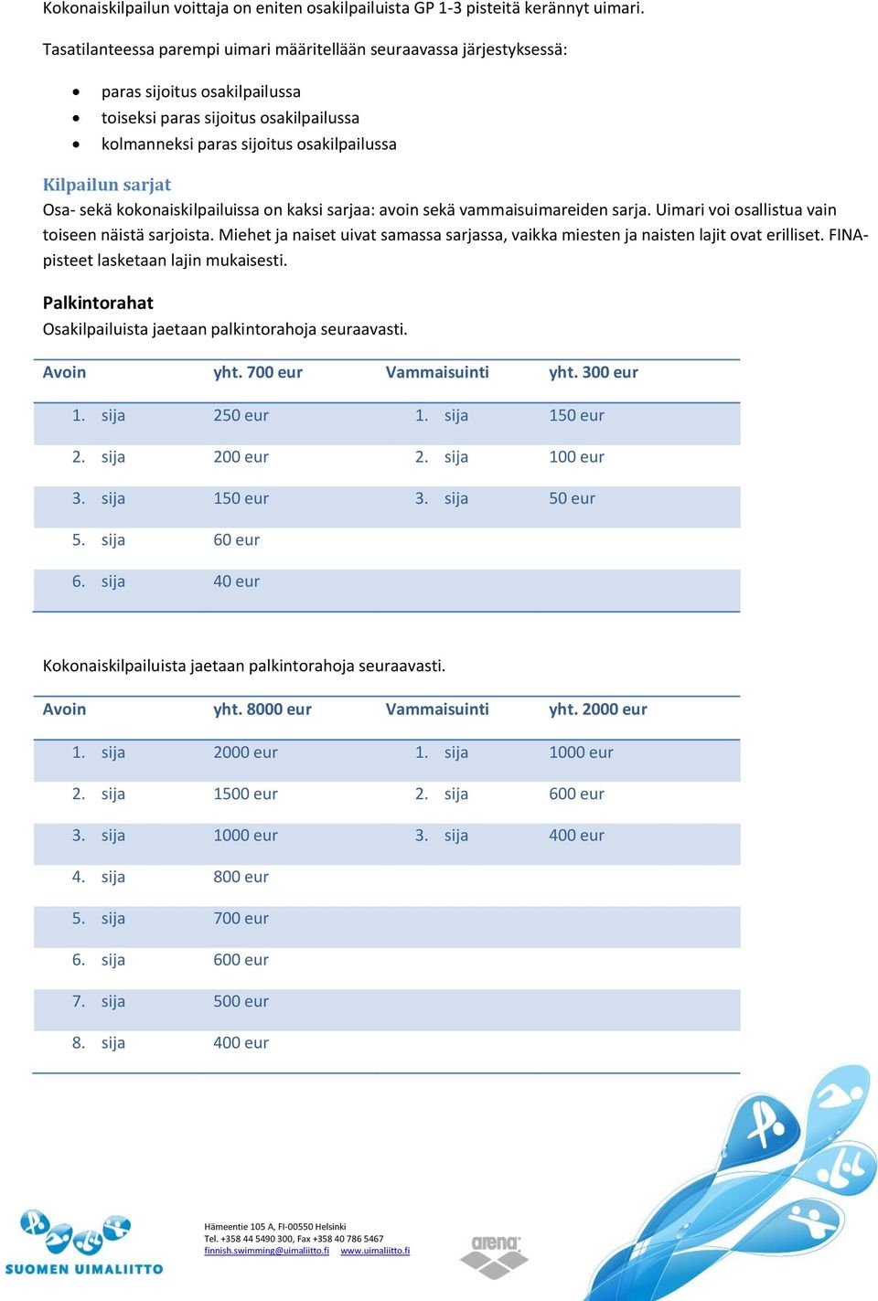 Osa- sekä kokonaiskilpailuissa on kaksi sarjaa: avoin sekä vammaisuimareiden sarja. Uimari voi osallistua vain toiseen näistä sarjoista.