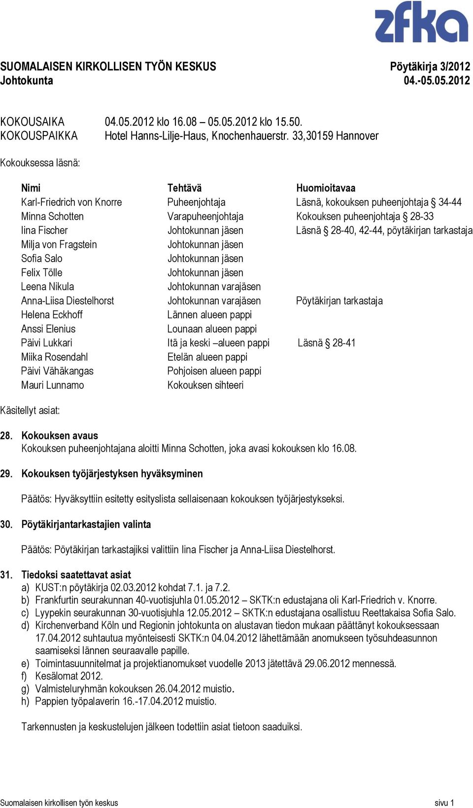 28-33 Iina Fischer Johtokunnan jäsen Läsnä 28-40, 42-44, pöytäkirjan tarkastaja Milja von Fragstein Johtokunnan jäsen Sofia Salo Johtokunnan jäsen Felix Tölle Johtokunnan jäsen Leena Nikula