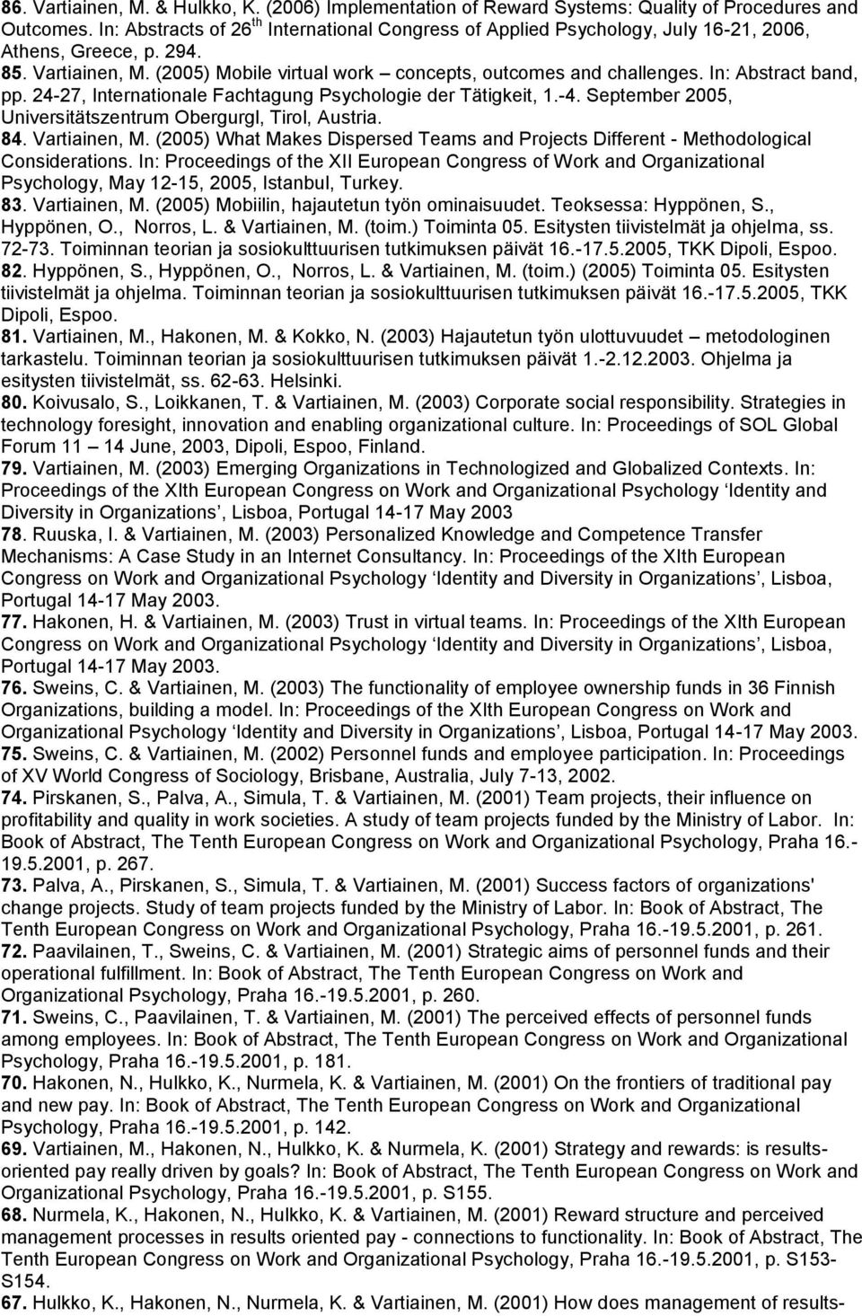 In: Abstract band, pp. 24-27, Internationale Fachtagung Psychologie der Tätigkeit, 1.-4. September 2005, Universitätszentrum Obergurgl, Tirol, Austria. 84. Vartiainen, M.