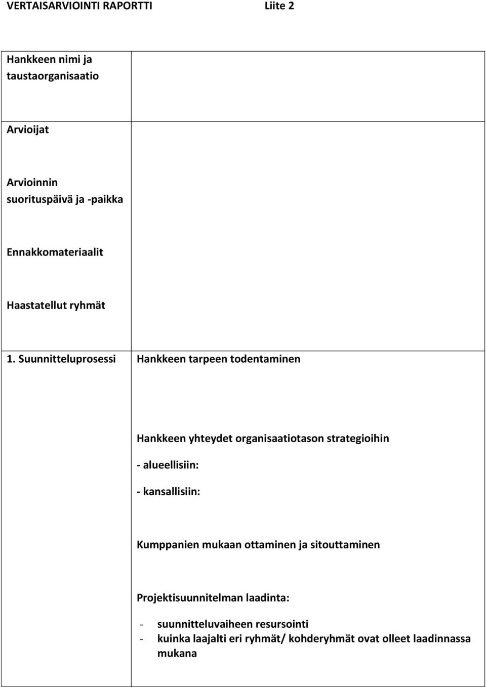 Suunnitteluprosessi Hankkeen tarpeen todentaminen Hankkeen yhteydet organisaatiotason strategioihin - alueellisiin: -