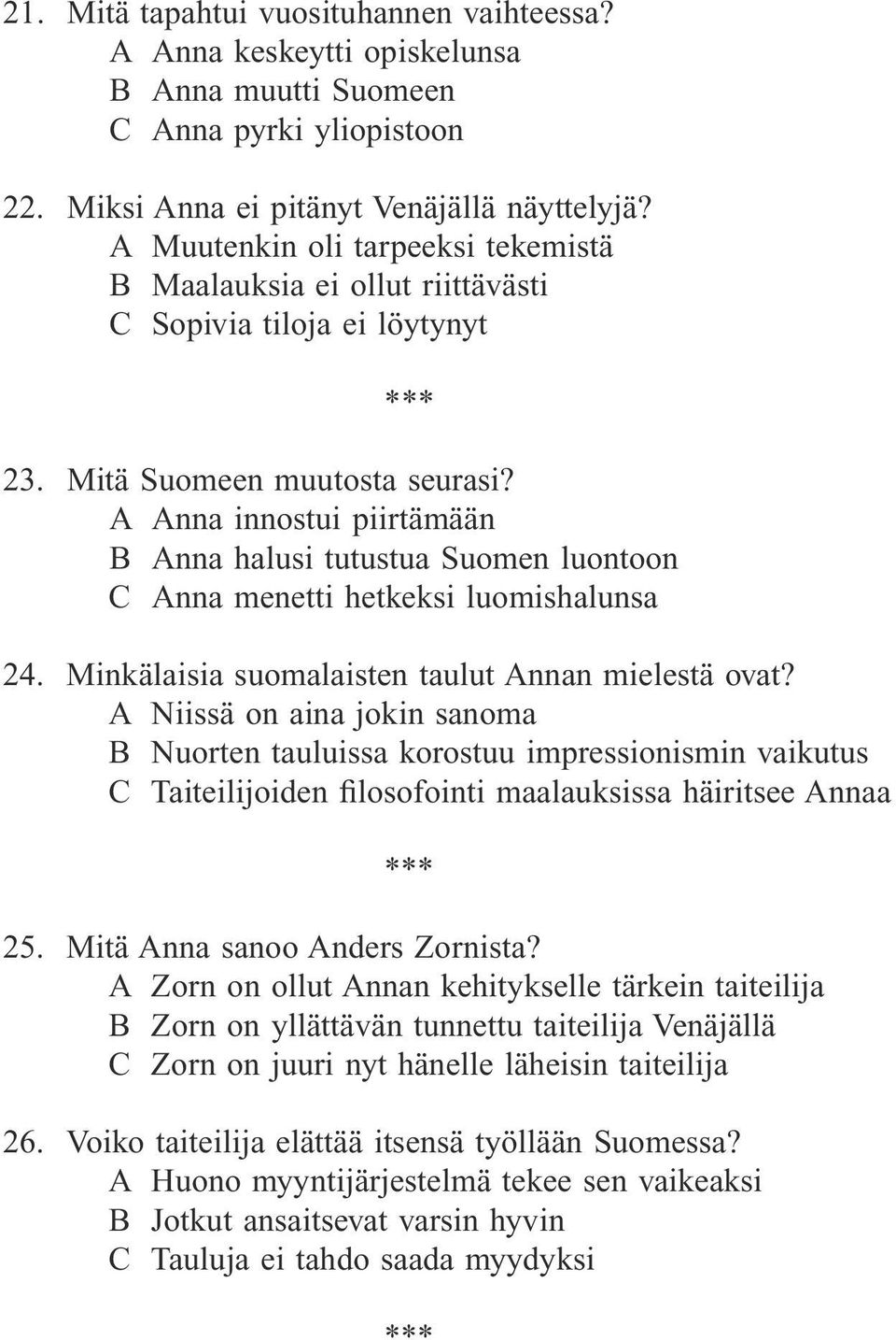 A Anna innostui piirtämään B Anna halusi tutustua Suomen luontoon C Anna menetti hetkeksi luomishalunsa 24. Minkälaisia suomalaisten taulut Annan mielestä ovat?