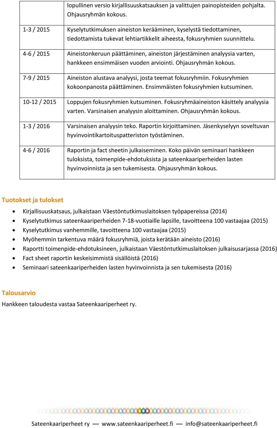 4-6 / 2015 Aineistonkeruun päättäminen, aineiston järjestäminen analyysia varten, hankkeen ensimmäisen vuoden arviointi. Ohjausryhmän kokous.