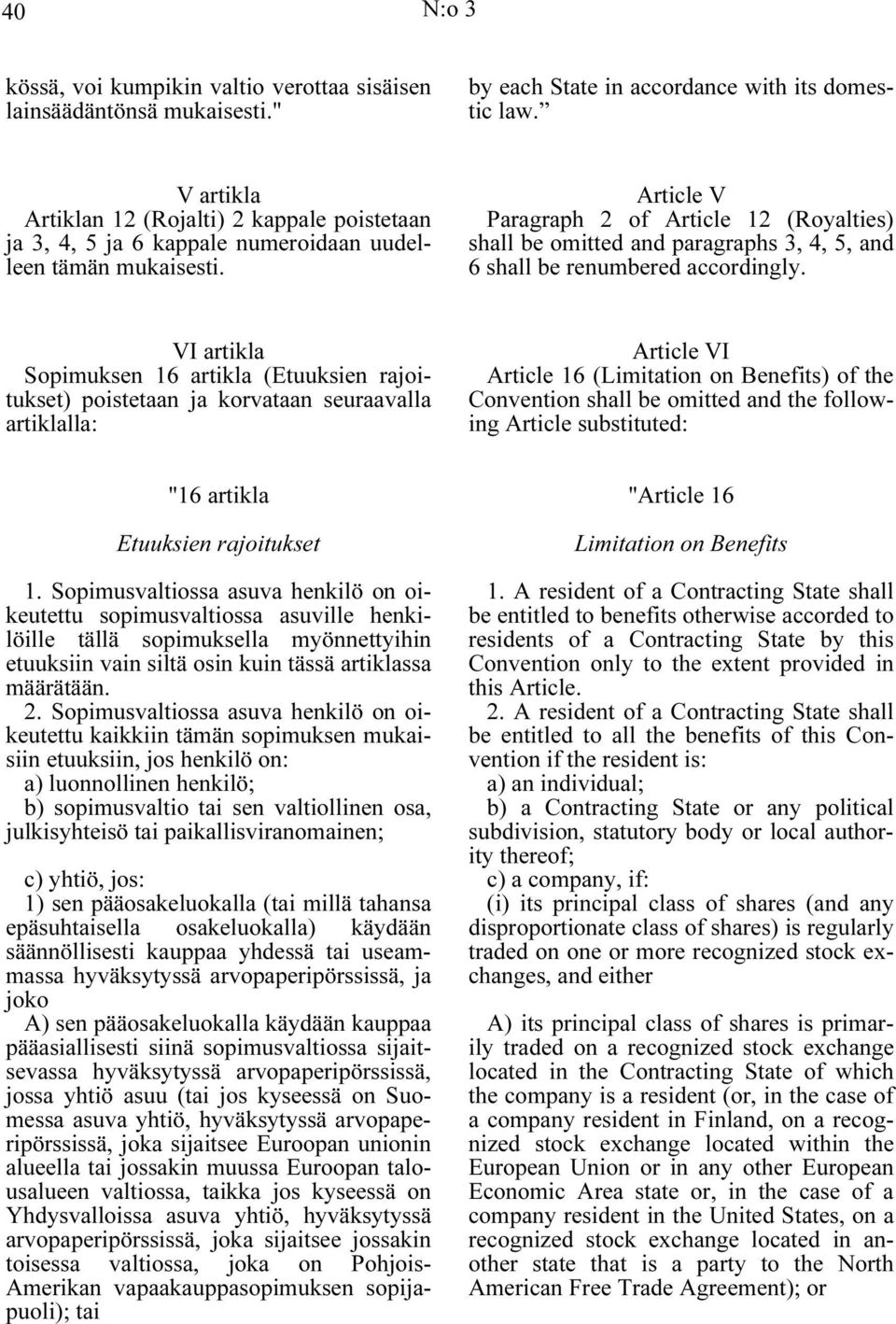 Article V Paragraph 2 of Article 12 (Royalties) shall be omitted and paragraphs 3, 4, 5, and 6 shall be renumbered accordingly.