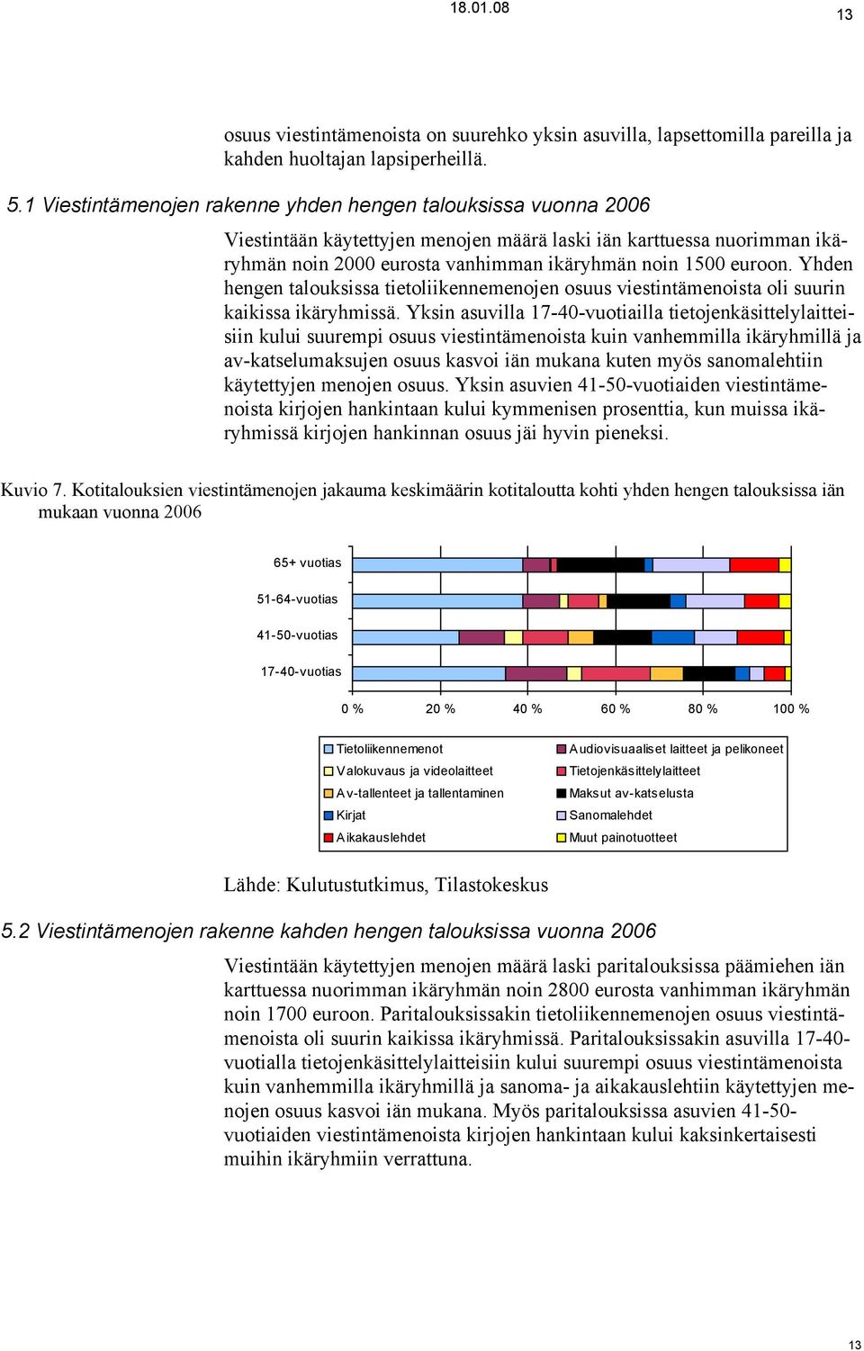 Yhden hengen talouksissa tietoliikennemenojen osuus viestintämenoista oli suurin kaikissa ikäryhmissä.