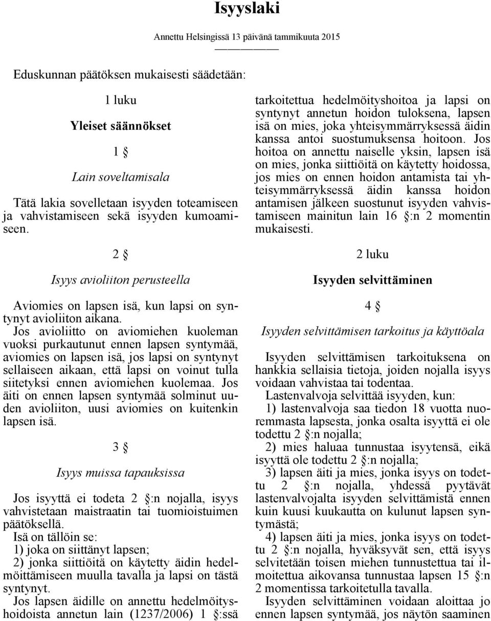 Jos avioliitto on aviomiehen kuoleman vuoksi purkautunut ennen lapsen syntymää, aviomies on lapsen isä, jos lapsi on syntynyt sellaiseen aikaan, että lapsi on voinut tulla siitetyksi ennen aviomiehen