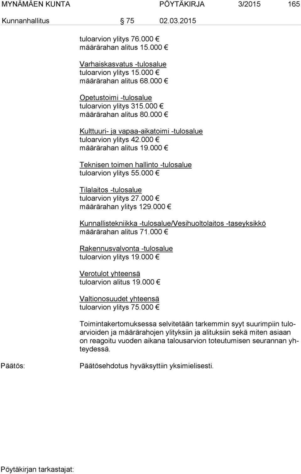 000 Teknisen toimen hallinto -tulosalue tuloarvion ylitys 55.000 Tilalaitos -tulosalue tuloarvion ylitys 27.000 määrärahan ylitys 129.