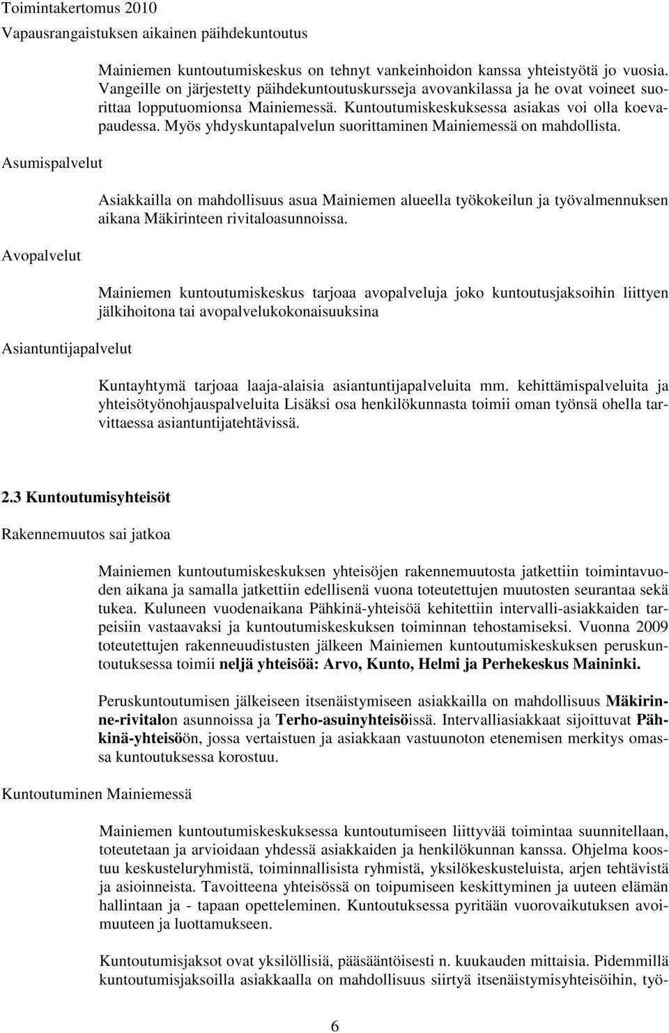 Myös yhdyskuntapalvelun suorittaminen Mainiemessä on mahdollista. Asiakkailla on mahdollisuus asua Mainiemen alueella työkokeilun ja työvalmennuksen aikana Mäkirinteen rivitaloasunnoissa.