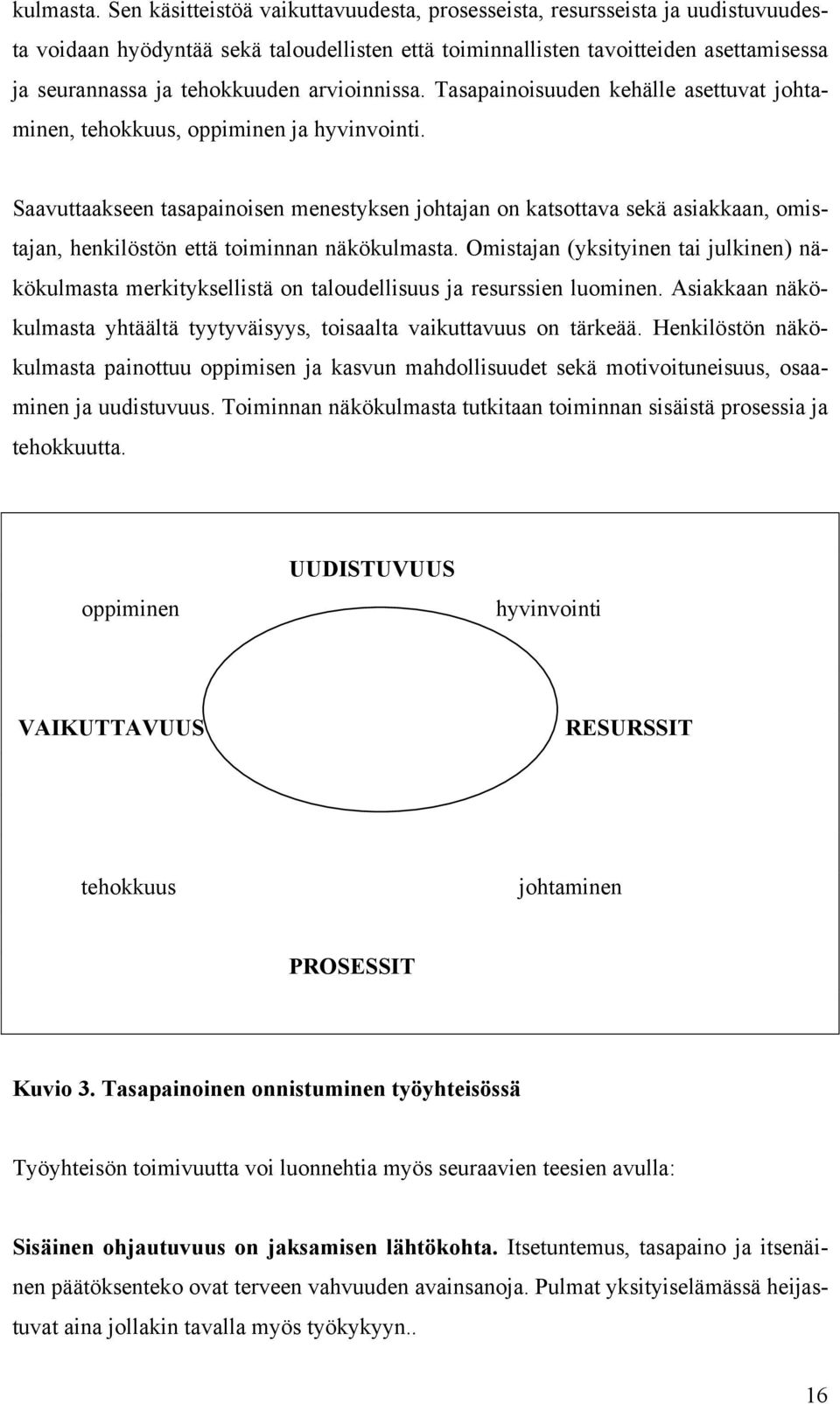 arvioinnissa. Tasapainoisuuden kehälle asettuvat johtaminen, tehokkuus, oppiminen ja hyvinvointi.