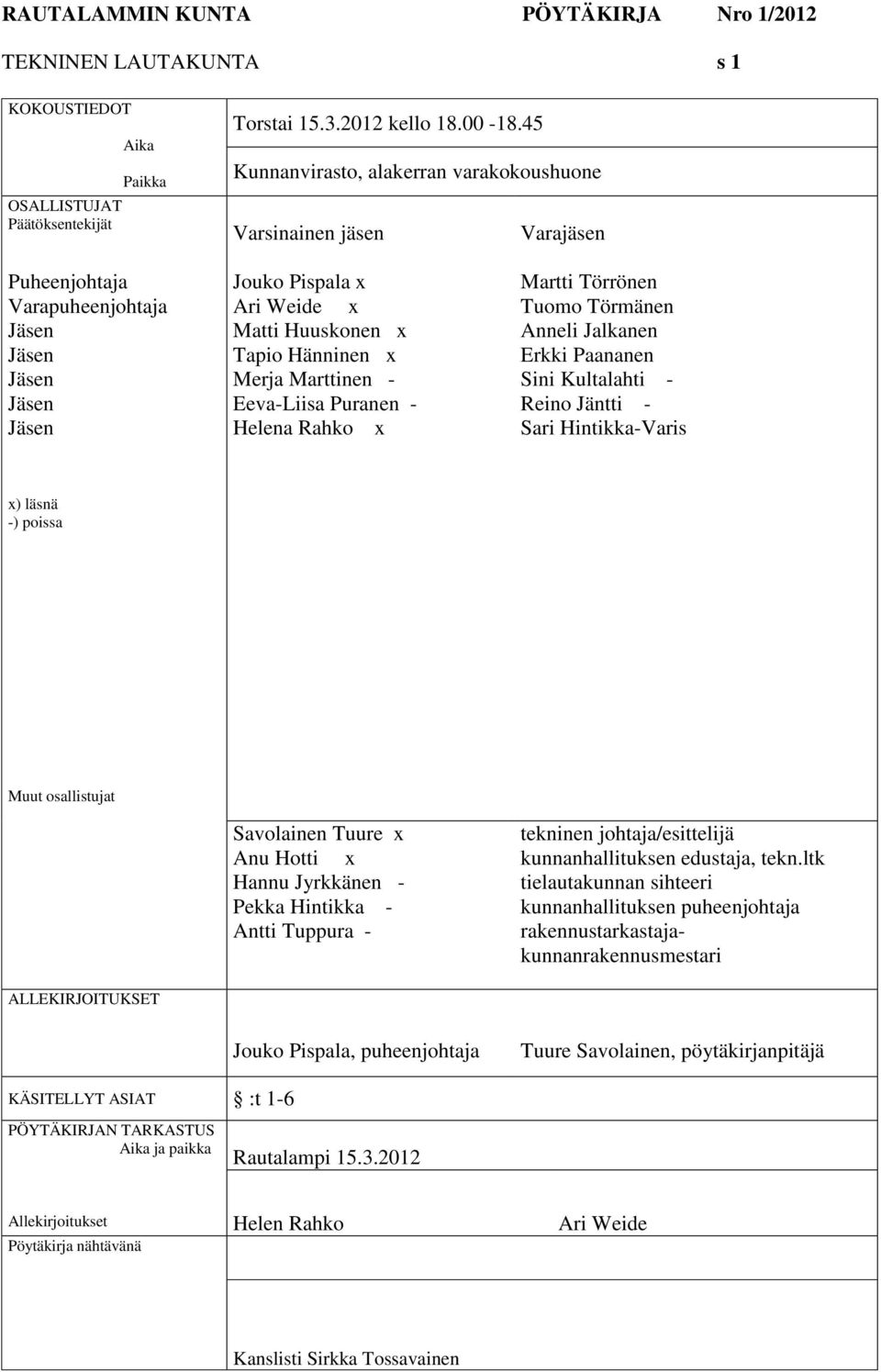 Puranen - Helena Rahko x Martti Törrönen Tuomo Törmänen Anneli Jalkanen Erkki Paananen Sini Kultalahti - Reino Jäntti - Sari Hintikka-Varis x) läsnä -) poissa Muut osallistujat ALLEKIRJOITUKSET