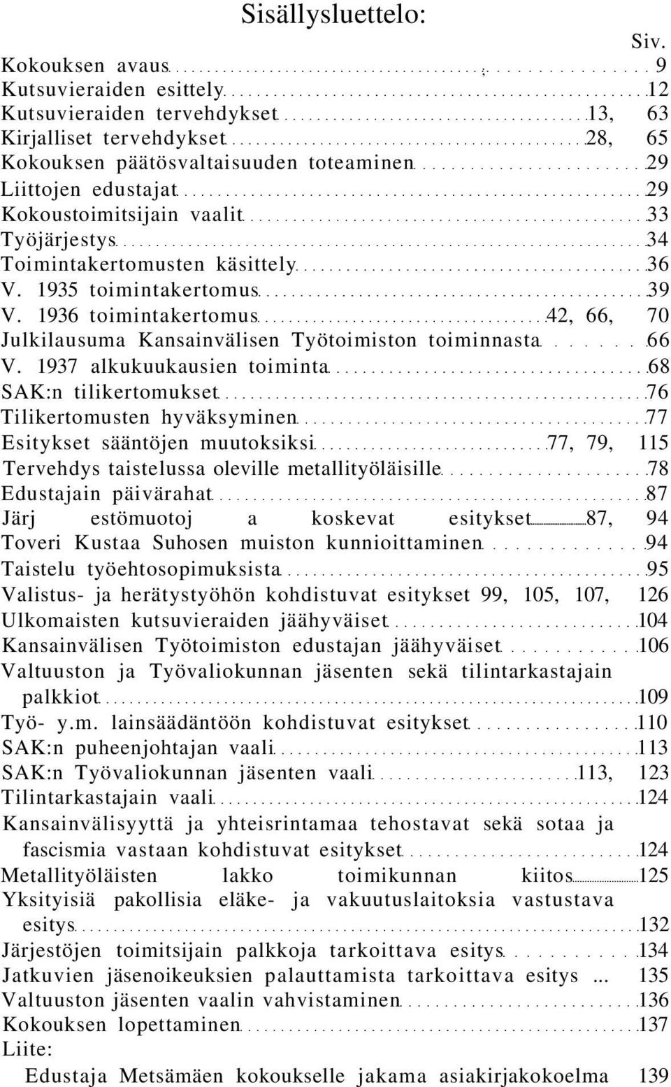 vaalit 33 Työjärjestys 34 Toimintakertomusten käsittely 36 V. 1935 toimintakertomus 39 V. 1936 toimintakertomus 42, 66, 70 Julkilausuma Kansainvälisen Työtoimiston toiminnasta 66 V.