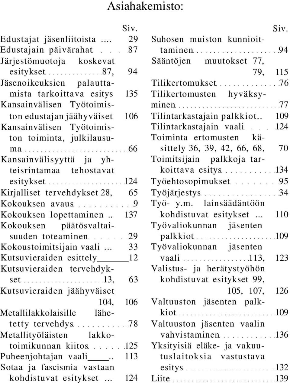 Työtoimiston toiminta, julkilausuma 66 Kansainvälisyyttä ja yhteisrintamaa tehostavat esitykset 124 Kirjalliset tervehdykset 28, 65 Kokouksen avaus 9 Kokouksen lopettaminen.