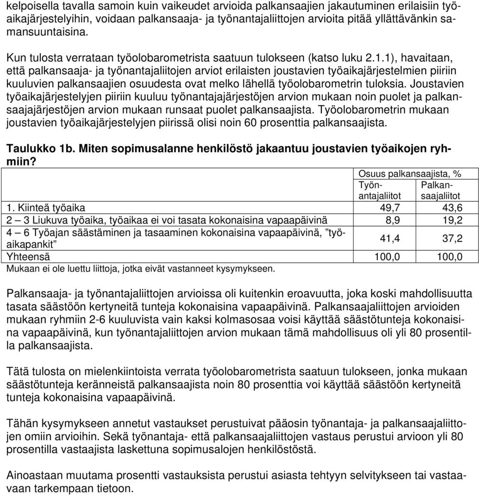 1), havaitaan, että palkansaaja- ja työnantajaliitojen arviot erilaisten joustavien työaikajärjestelmien piiriin kuuluvien palkansaajien osuudesta ovat melko lähellä työolobarometrin tuloksia.