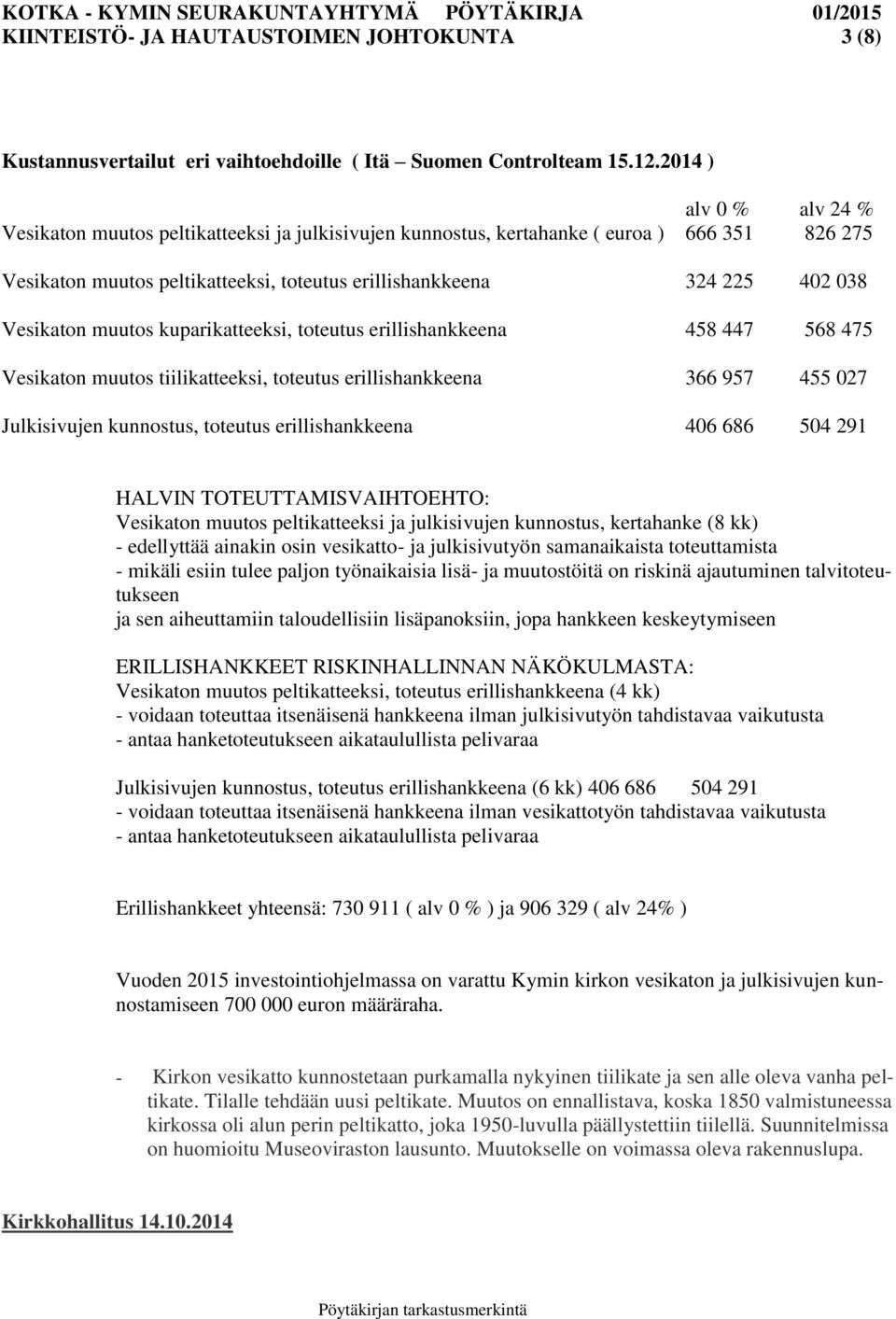 Vesikaton muutos kuparikatteeksi, toteutus erillishankkeena 458 447 568 475 Vesikaton muutos tiilikatteeksi, toteutus erillishankkeena 366 957 455 027 Julkisivujen kunnostus, toteutus