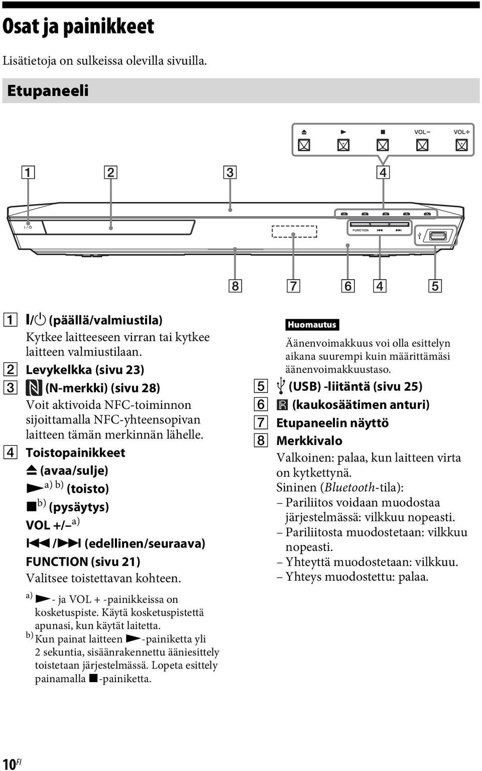 D Toistopainikkeet Z (avaa/sulje) N a) b) (toisto) x b) (pysäytys) VOL +/ a)./> (edellinen/seuraava) FUNCTION (sivu 21) Valitsee toistettavan kohteen. a) N- ja VOL + -painikkeissa on kosketuspiste.