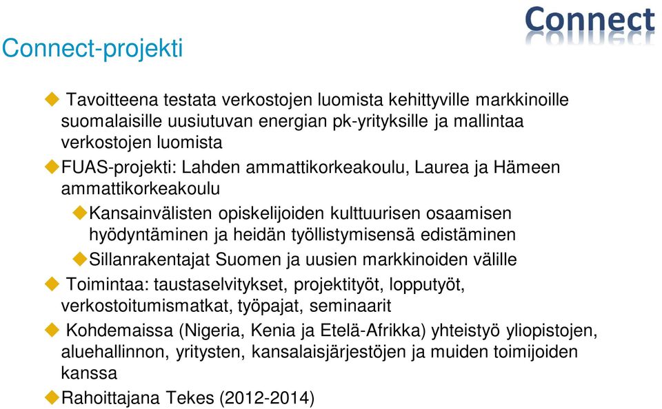 työllistymisensä edistäminen Sillanrakentajat Suomen ja uusien markkinoiden välille Toimintaa: taustaselvitykset, projektityöt, lopputyöt, verkostoitumismatkat, työpajat,