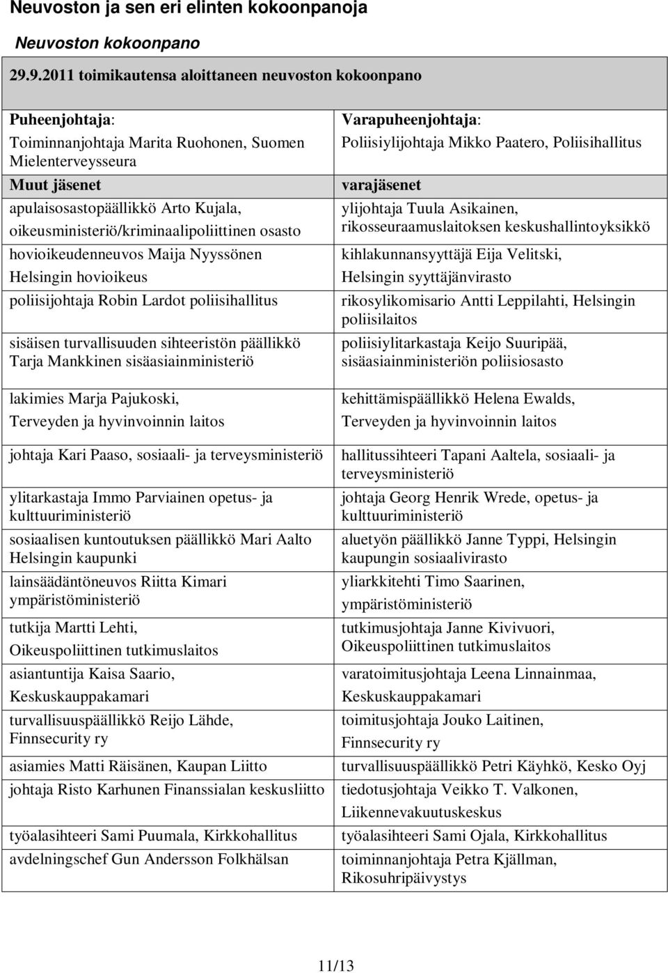 oikeusministeriö/kriminaalipoliittinen osasto hovioikeudenneuvos Maija Nyyssönen Helsingin hovioikeus poliisijohtaja Robin Lardot poliisihallitus sisäisen turvallisuuden sihteeristön päällikkö Tarja