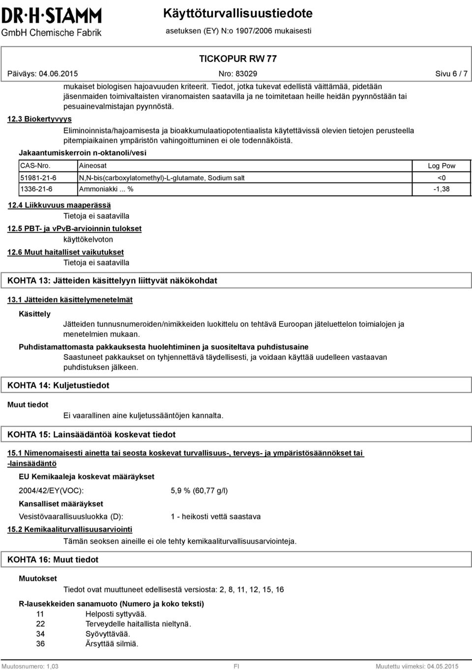 Eliminoinnista/hajoamisesta ja bioakkumulaatiopotentiaalista käytettävissä olevien tietojen perusteella pitempiaikainen ympäristön vahingoittuminen ei ole todennäköistä.