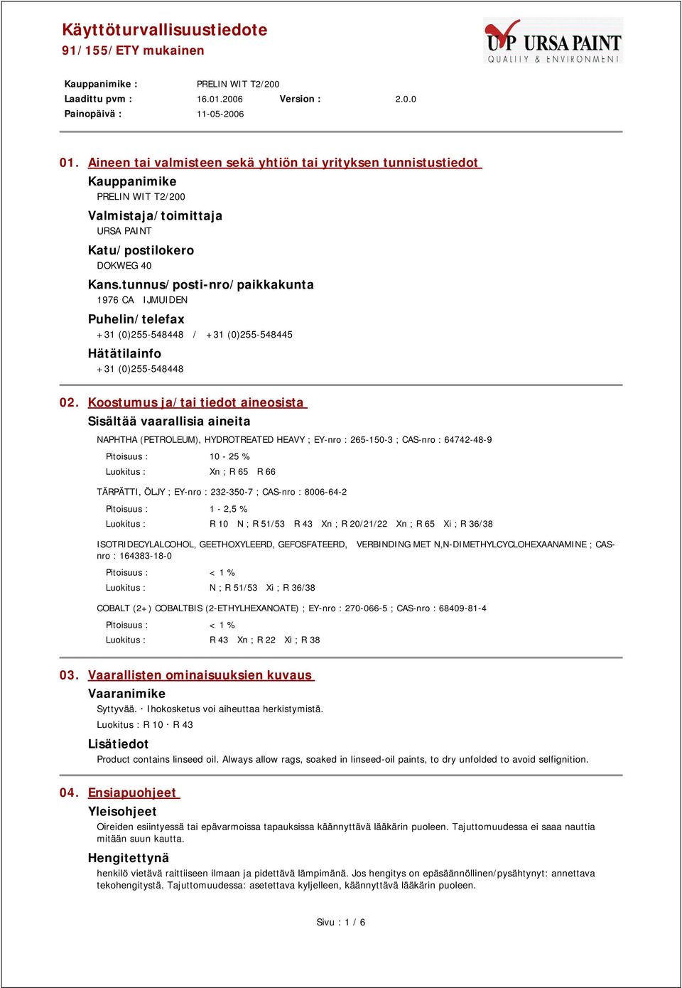 Koostumus ja/tai tiedot aineosista Sisältää vaarallisia aineita NAPHTHA (PETROLEUM), HYDROTREATED HEAVY ; EY-nro : 265-150-3 ; CAS-nro : 64742-48-9 Pitoisuus : 10-25 % Luokitus : Xn ; R 65 R 66