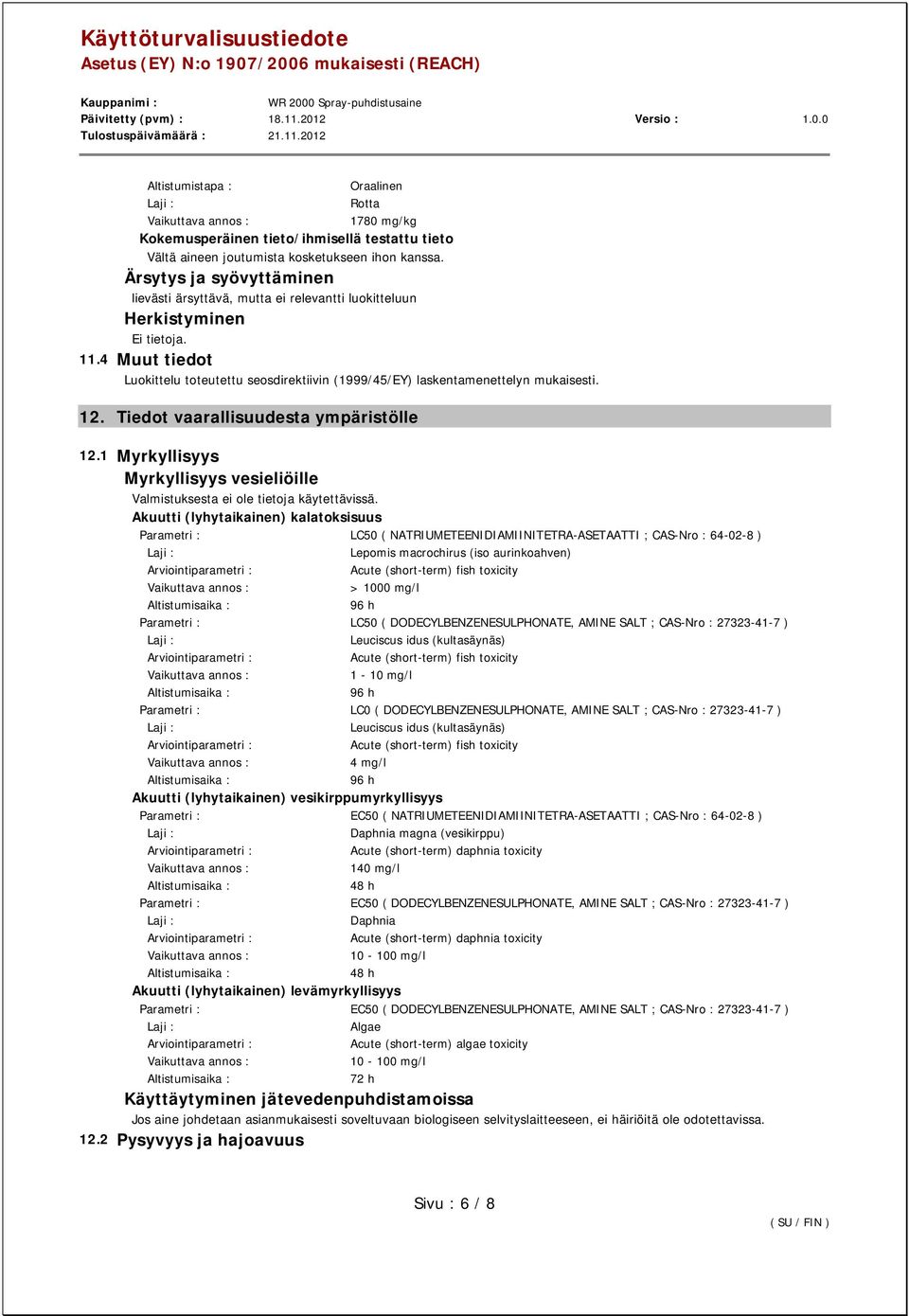 12. Tiedot vaarallisuudesta ympäristölle 12.1 Myrkyllisyys Myrkyllisyys vesieliöille Valmistuksesta ei ole tietoja käytettävissä.