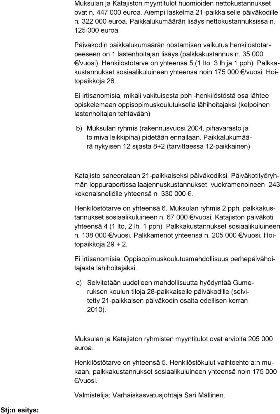 Palkkakustannukset sosiaalikuluineen yhteensä noin 175 000 /vuosi. Hoitopaikkoja 28.