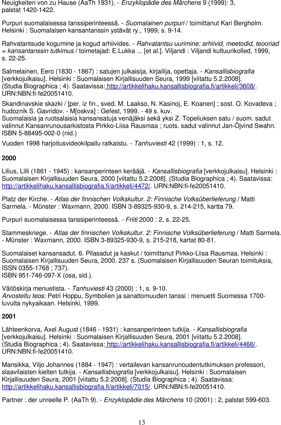 - Rahvatantsu uurimine: arhiivid, meetodid, teooriad = kansantanssin tutkimus / toimetajad: E.Lukka... [et al.]. Viljandi : Viljandi kultuurikolled, 1999, s. 22-25.
