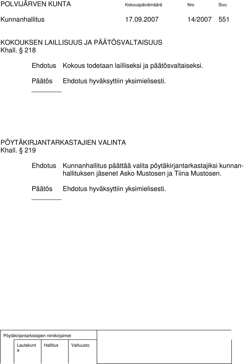 PÖYTÄKIRJANTARKASTAJIEN VALINTA Khll.