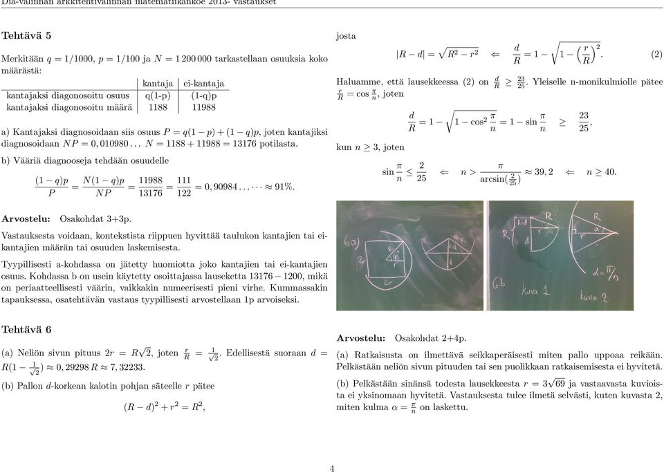 .. N = 1188 + 11988 = 13176 potilasta. b) Vääriä diagnooseja tehdään osuudelle (1 q)p P = N(1 q)p NP = 11988 13176 = 111 = 0, 90984... 91%. 1 josta R d = R r d ( r ).