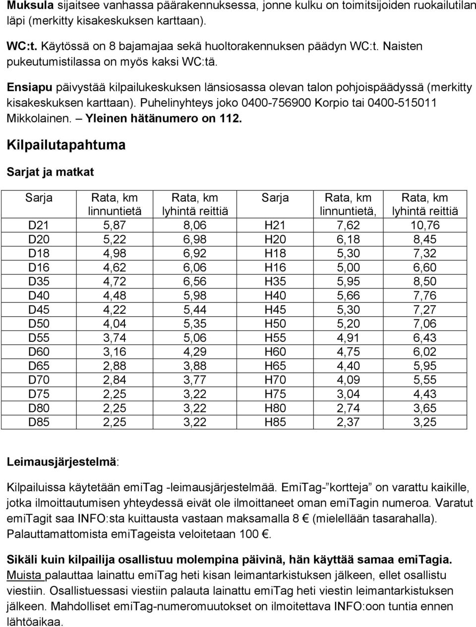 Puhelinyhteys joko 0400-756900 Korpio tai 0400-515011 Mikkolainen. Yleinen hätänumero on 112.