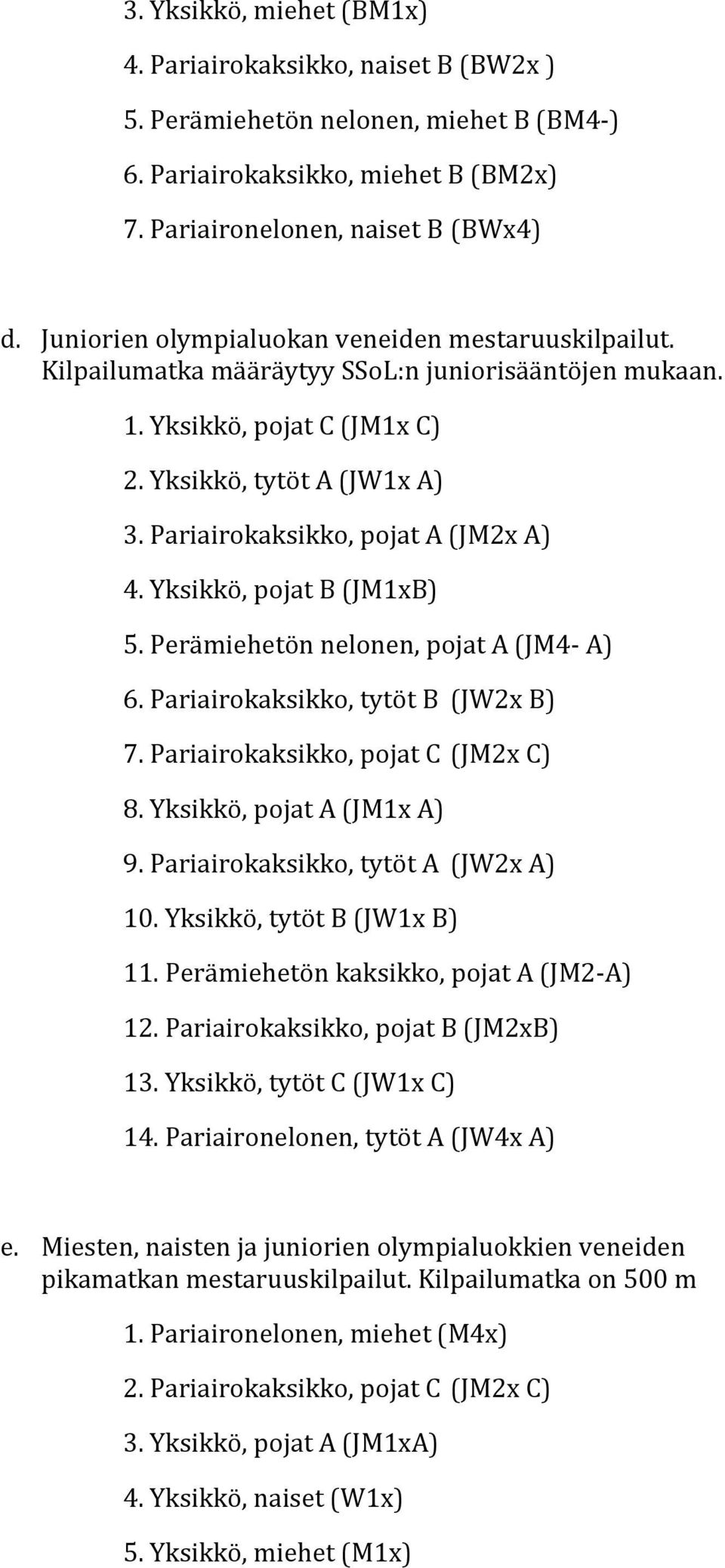 Pariairokaksikko, pojat A (JM2x A) 4. Yksikkö, pojat B (JM1xB) 5. Perämiehetön nelonen, pojat A (JM4 A) 6. Pariairokaksikko, tytöt B (JW2x B) 7. Pariairokaksikko, pojat C (JM2x C) 8.