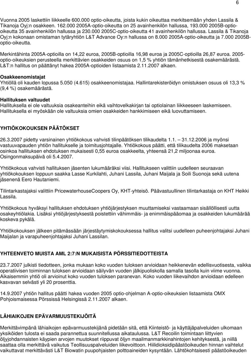 000 2005A-optio-oikeutta ja 7.000 2005Boptio-oikeutta. Merkintähinta 2005A-optioilla on 14,22 euroa, 2005B-optioilla 16,98 euroa ja 2005C-optioilla 26,87 euroa.