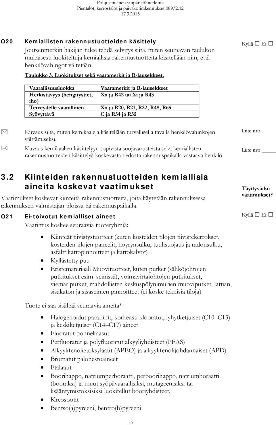 Vaarallisuusluokka Herkistävyys (hengitystiet, iho) Terveydelle vaarallinen Syövyttävä Vaaramerkit ja R-lausekkeet Xn ja R42 tai Xi ja R43 Xn ja R20, R21, R22, R48, R65 C ja R34 ja R35 Kuvaus siitä,