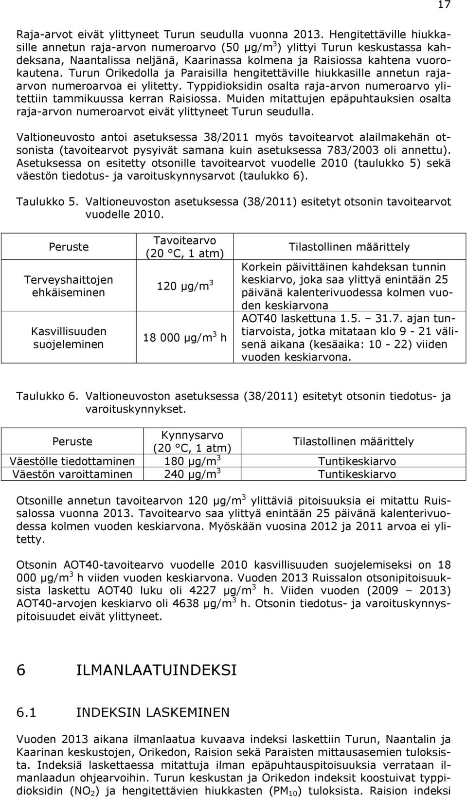 Turun Orikedolla ja Paraisilla hengitettäville hiukkasille annetun rajaarvon numeroarvoa ei ylitetty. Typpidioksidin osalta raja-arvon numeroarvo ylitettiin tammikuussa kerran Raisiossa.