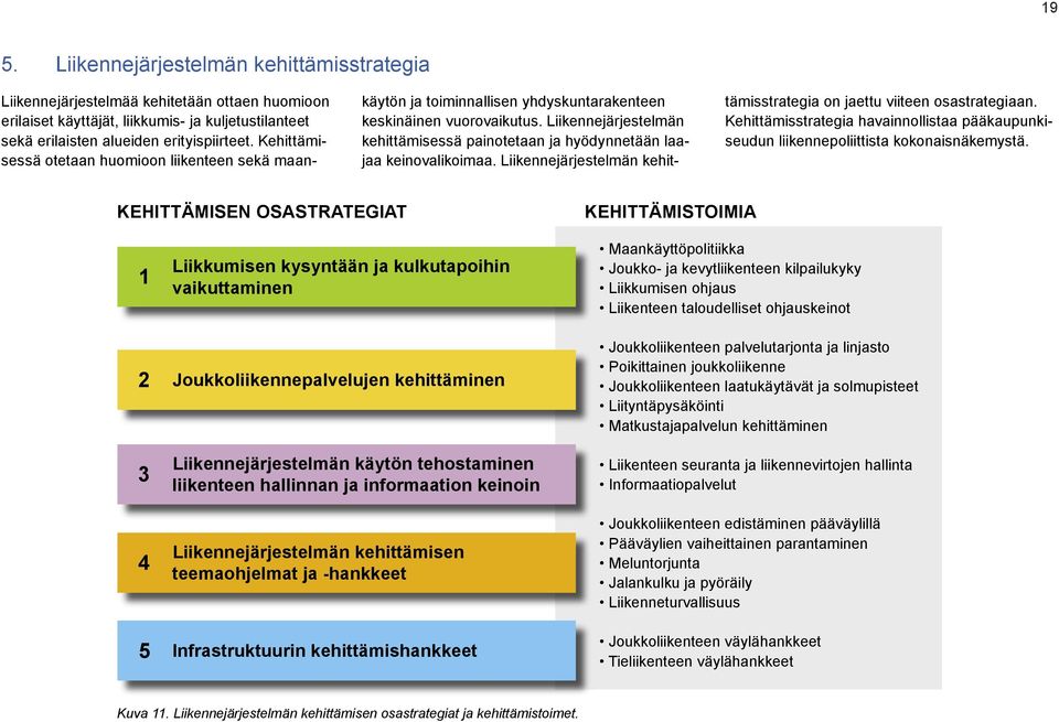 Liikennejärjestel män kehittämisessä painotetaan ja hyödynnetään laajaa keinovalikoimaa. Liikennejärjestelmän kehittämisstrategia on jaettu viiteen osastrategiaan.