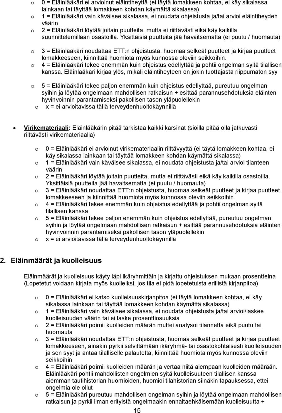 Yksittäisiä puutteita jää havaitsematta (ei puutu / humauta) 3 = Eläinlääkäri nudattaa ETT:n hjeistusta, humaa selkeät puutteet ja kirjaa puutteet lmakkeeseen, kiinnittää humita myös kunnssa leviin