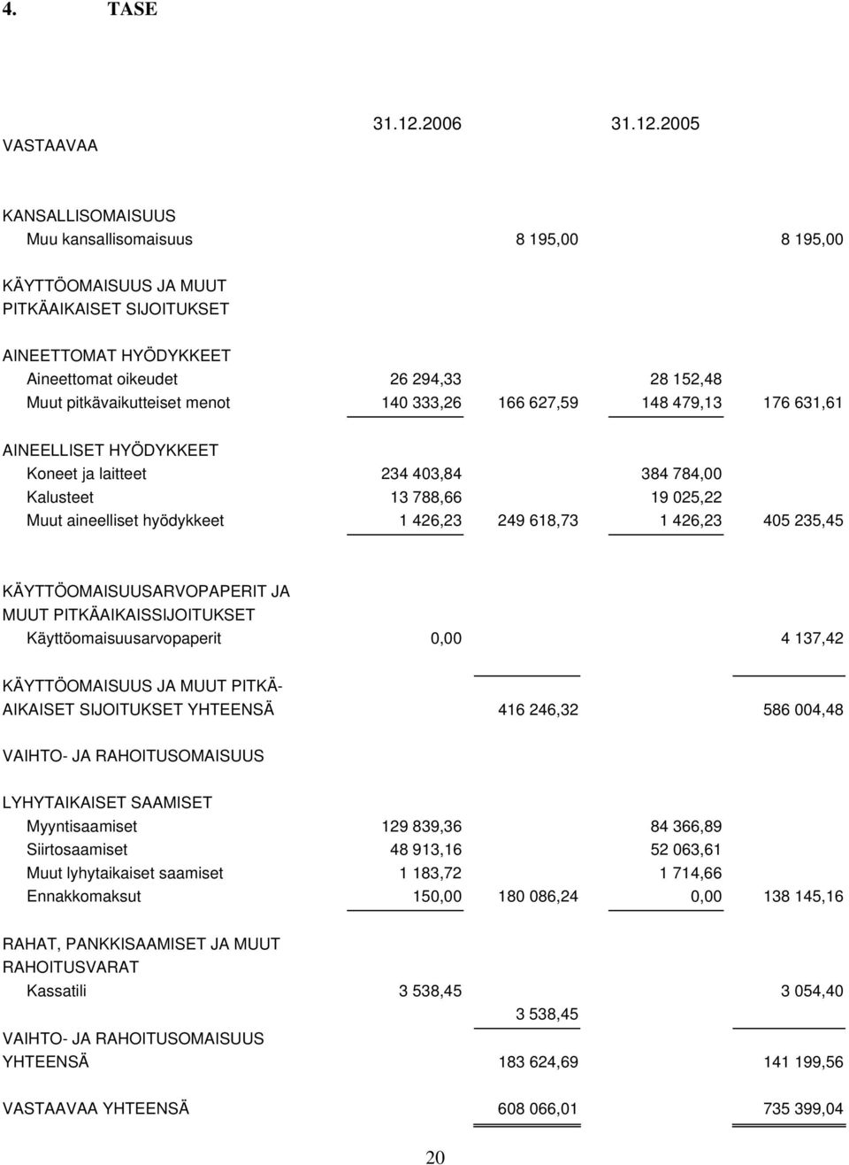 2005 KANSALLISOMAISUUS Muu kansallisomaisuus 8 195,00 8 195,00 KÄYTTÖOMAISUUS JA MUUT PITKÄAIKAISET SIJOITUKSET AINEETTOMAT HYÖDYKKEET Aineettomat oikeudet 26 294,33 28 152,48 Muut pitkävaikutteiset