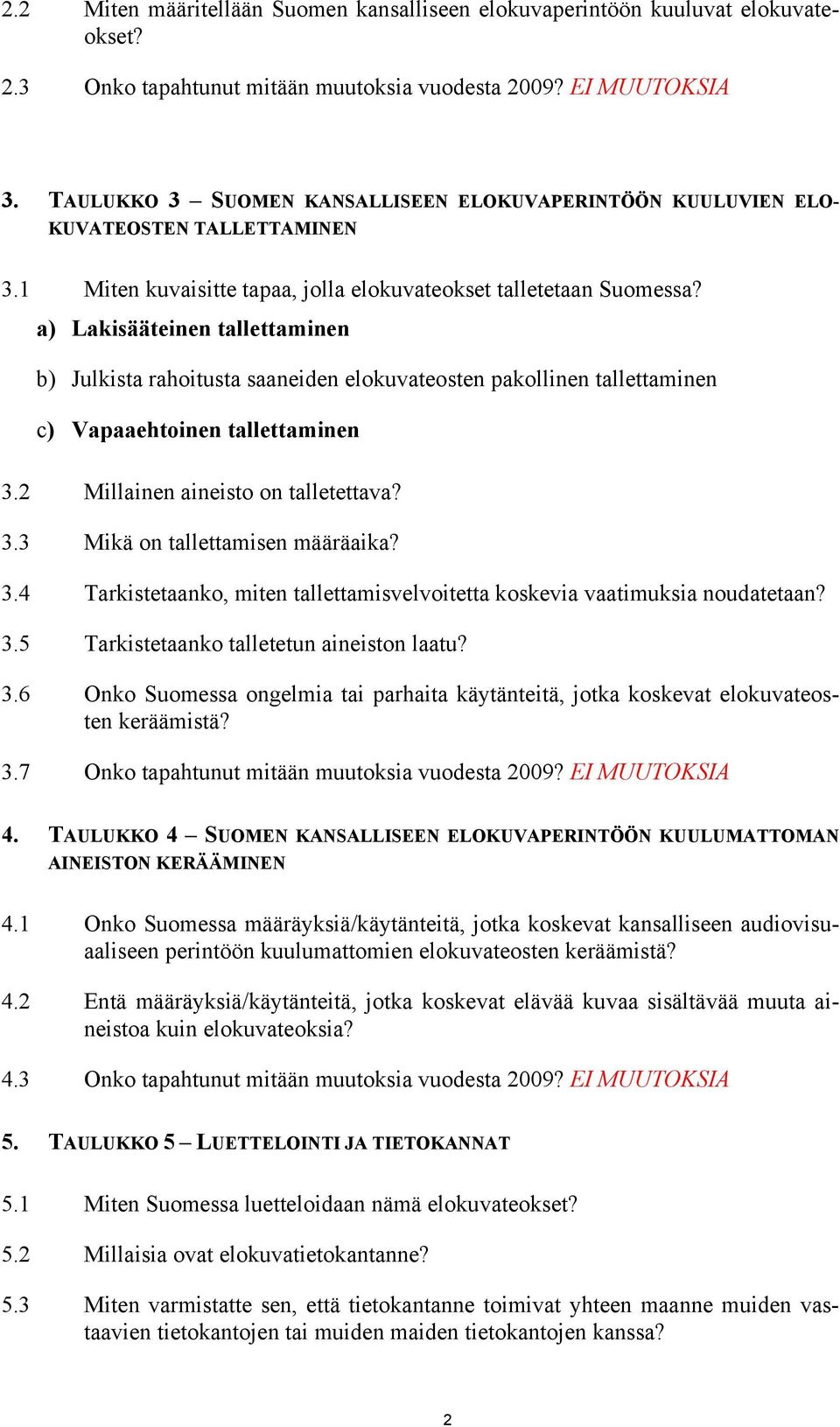 a) Lakisääteinen tallettaminen b) Julkista rahoitusta saaneiden elokuvateosten pakollinen tallettaminen c) Vapaaehtoinen tallettaminen 3.2 Millainen aineisto on talletettava? 3.3 Mikä on tallettamisen määräaika?