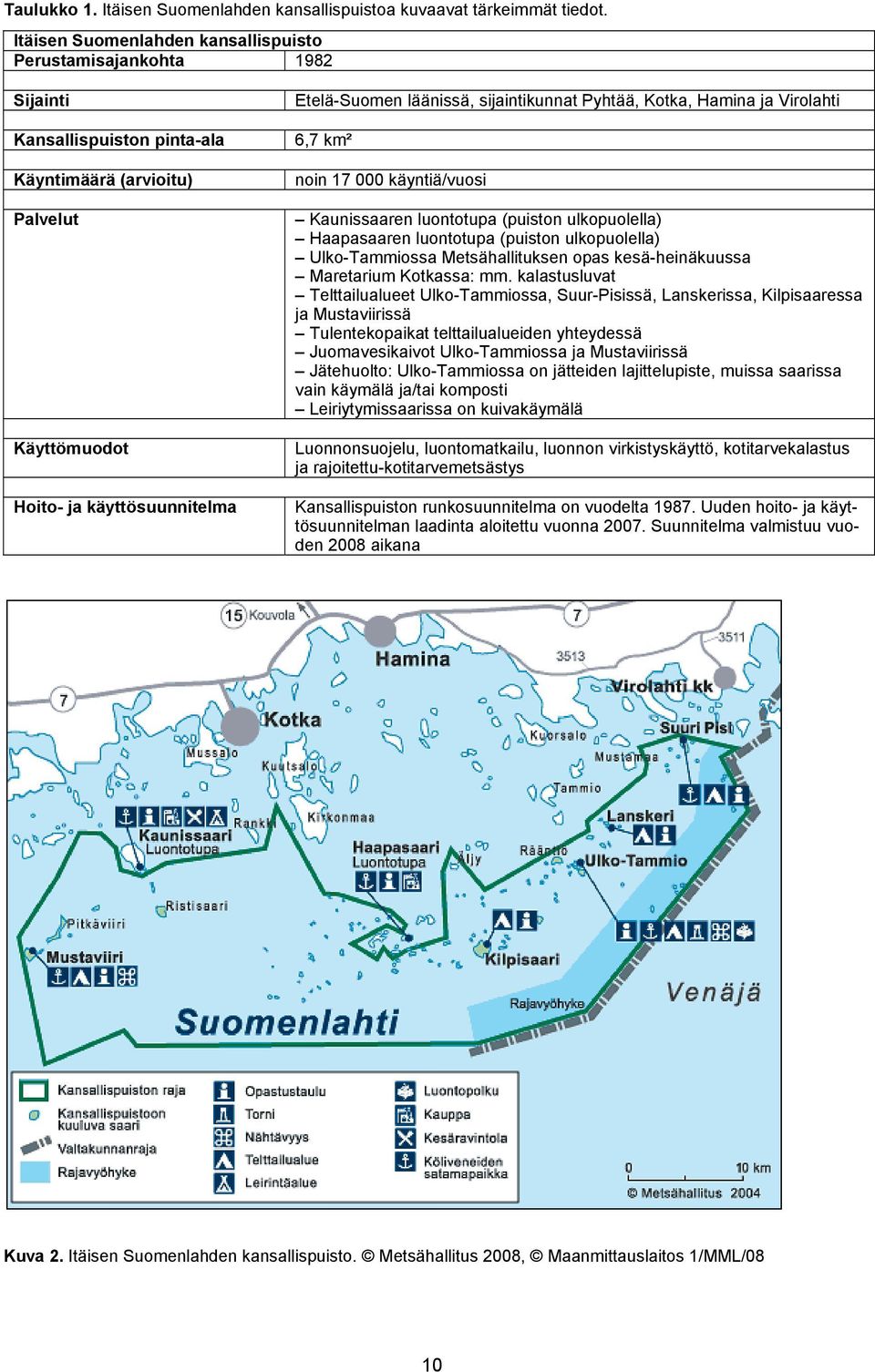 sijaintikunnat Pyhtää, Kotka, Hamina ja Virolahti 6,7 km² noin 17 000 käyntiä/vuosi Kaunissaaren luontotupa (puiston ulkopuolella) Haapasaaren luontotupa (puiston ulkopuolella) Ulko-Tammiossa