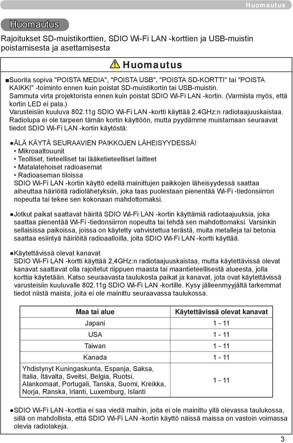 ) Varusteisiin kuuluva 802.11g SDIO Wi-Fi LAN -kortti käyttää 2.4GHz:n radiotaajuuskaistaa.